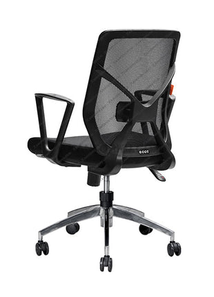 Black office chair with mesh backrest on a white background