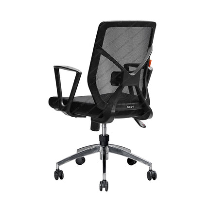 Black office chair with mesh backrest on a white background
