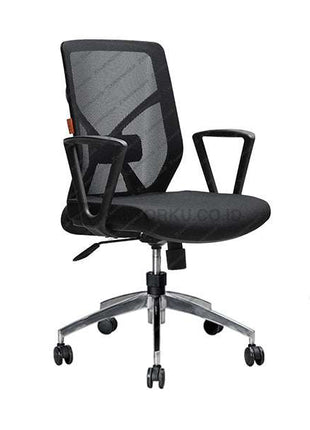 Black office chair with mesh backrest on a white background