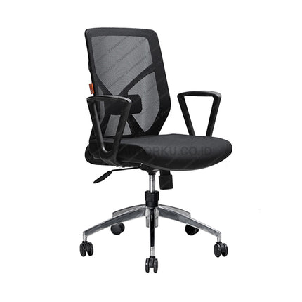 Black office chair with mesh backrest on a white background