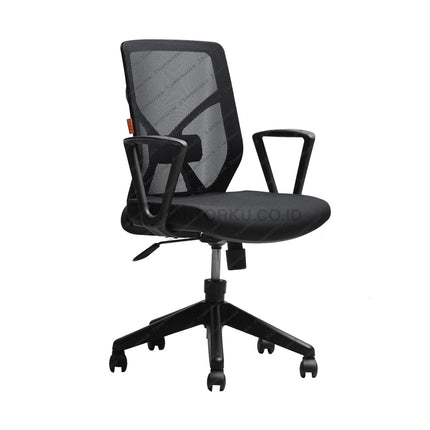 Black office chair with mesh back on a white background