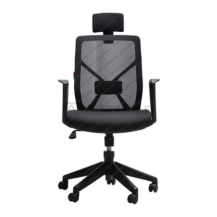 Black office chair with mesh backrest on a white background