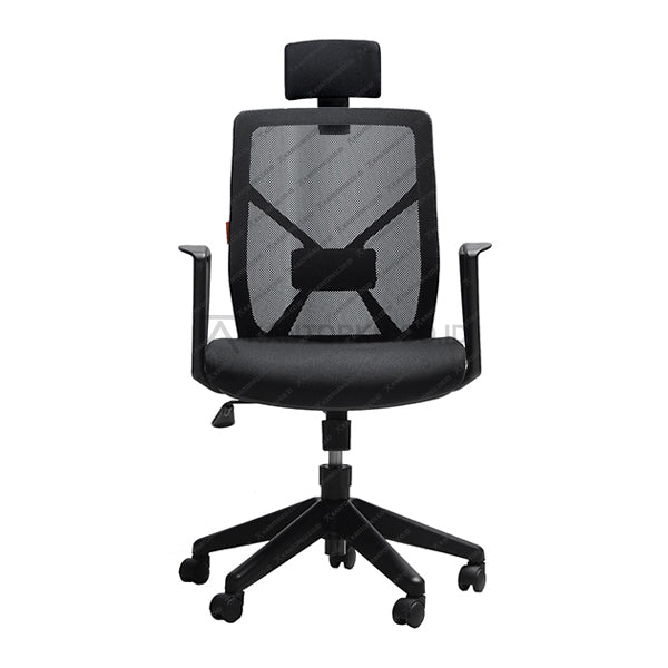 Black office chair with mesh backrest on a white background