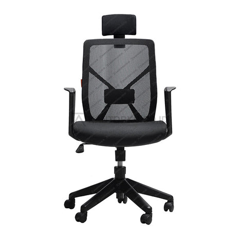 Black office chair with mesh backrest on a white background