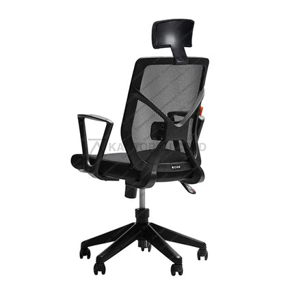 Black office chair with mesh backrest on a white background