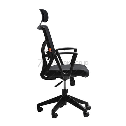 Black office chair with adjustable headrest on a white background