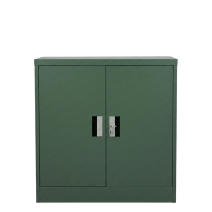 Green metal cabinet with two doors on a white background