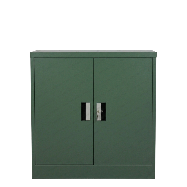 Green metal cabinet with two doors on a white background