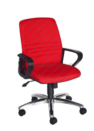 Kursi kantor Ecos SKF5603A berwarna merah dengan sandaran ergonomis, lengan plastik hitam, dan kaki berbahan chrome