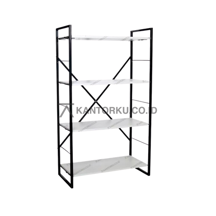 Rak Grey Rack M dari Chitose dengan rangka besi hitam dan empat ambalan, cocok untuk kantor atau gudang kantorku.co.id