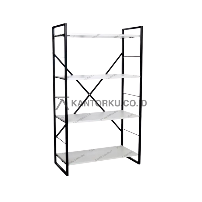 Rak Grey Rack M dari Chitose dengan rangka besi hitam dan empat ambalan, cocok untuk kantor atau gudang kantorku.co.id