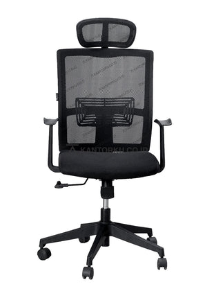 Black office chair with mesh back on a white background