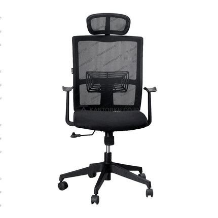 Black office chair with mesh back on a white background