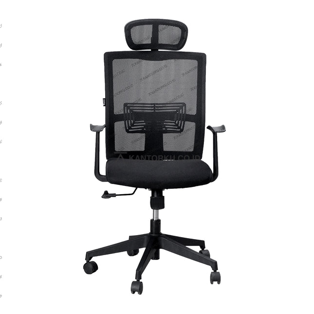Black office chair with mesh back on a white background