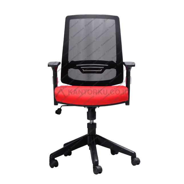 Office chair with black mesh backrest and red seat - Kursi Kantor Ergonomis - Kursi Kerja desain Minimalis - Kursi Staff - Kursi Karyawan - kursi dengan roda, sandaran lengan, dan tuas hidrolik - KANTORKU
