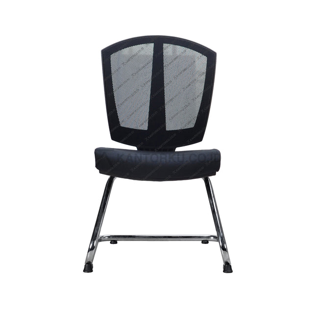 Black office chair with mesh backrest on a white background - Kursi Visitor sandaran jaring dengan desain modern Minimalis