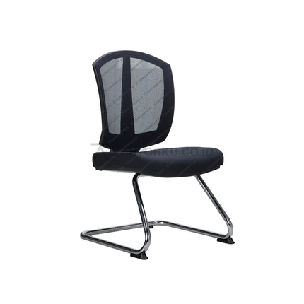 Black office chair with mesh backrest on a white background - Kursi Visitor sandaran jaring dengan desain modern Minimalis