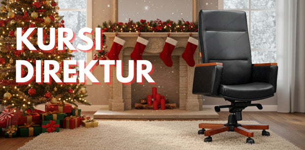 Black office chair in a room decorated for Christmas with stockings and a  kursi direktur kantorkutree.